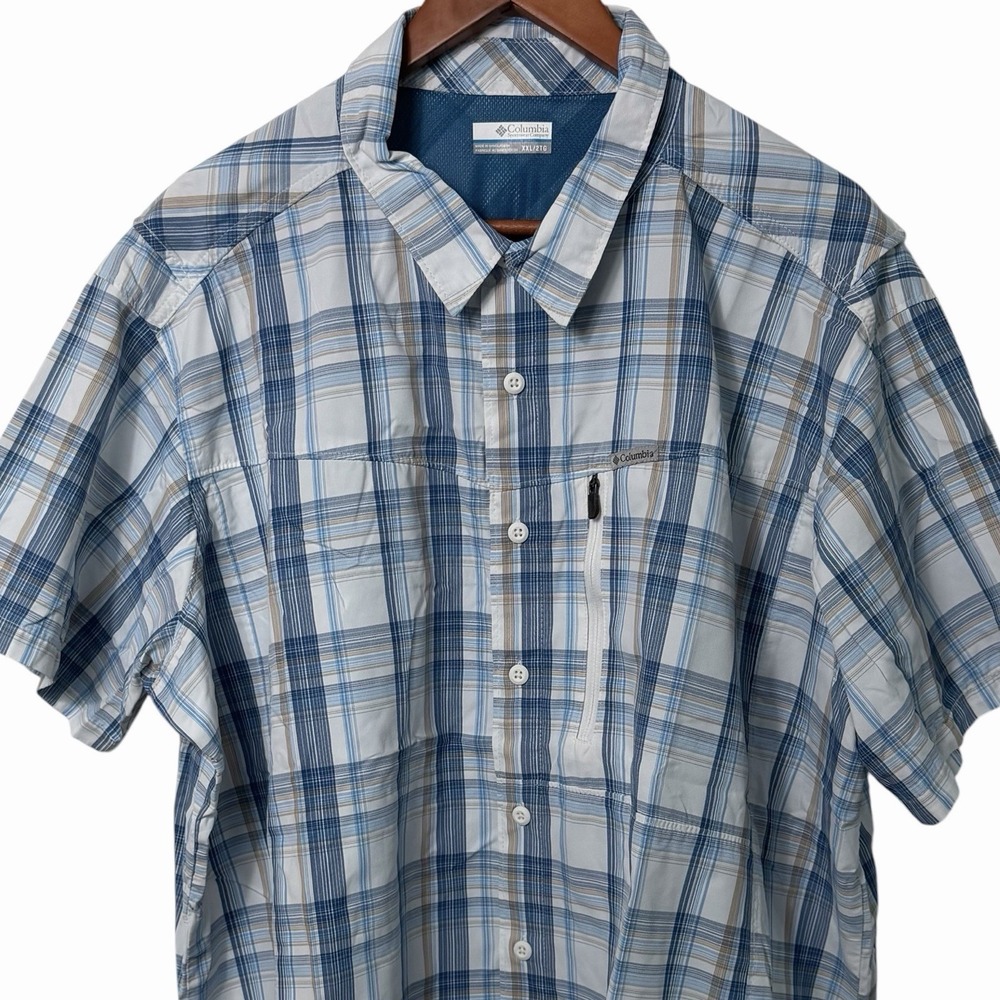 Columbia PFG Mens XXL 2TG Plaid Fishing Shirt‎ Blue Tan Vented Short Sleeve